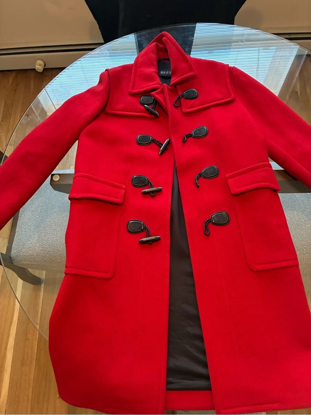 Gucci Red Wool-Blend Coat with Black Toggle Accents